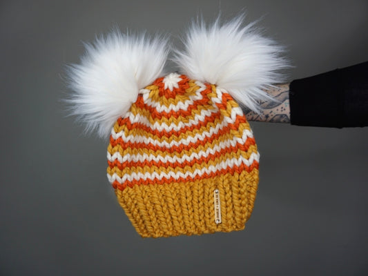 The Retro Stripe Candy Corn Double Pom Beanie