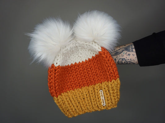 The Candy Corn Double Pom Beanie