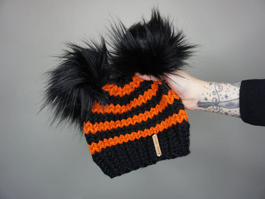 Kids Halloween Stripe Double Pom Beanie in Orange and Black