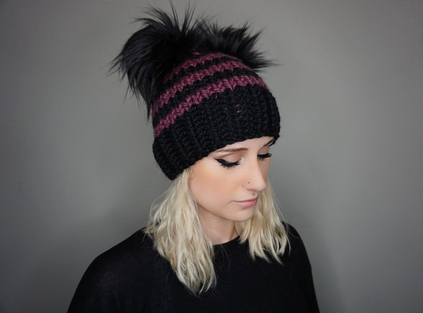 The Halloween Stripe Double Pom Beanie in Purple and Black