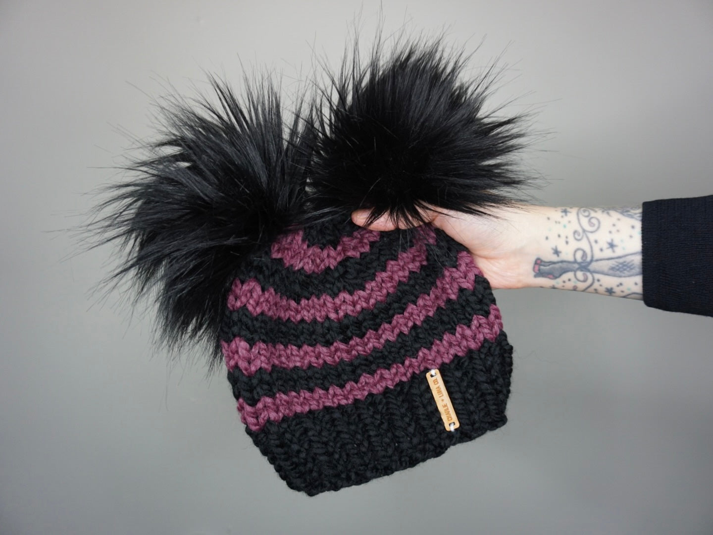 Kids Halloween Stripe Double Pom Beanie in Purple and Black