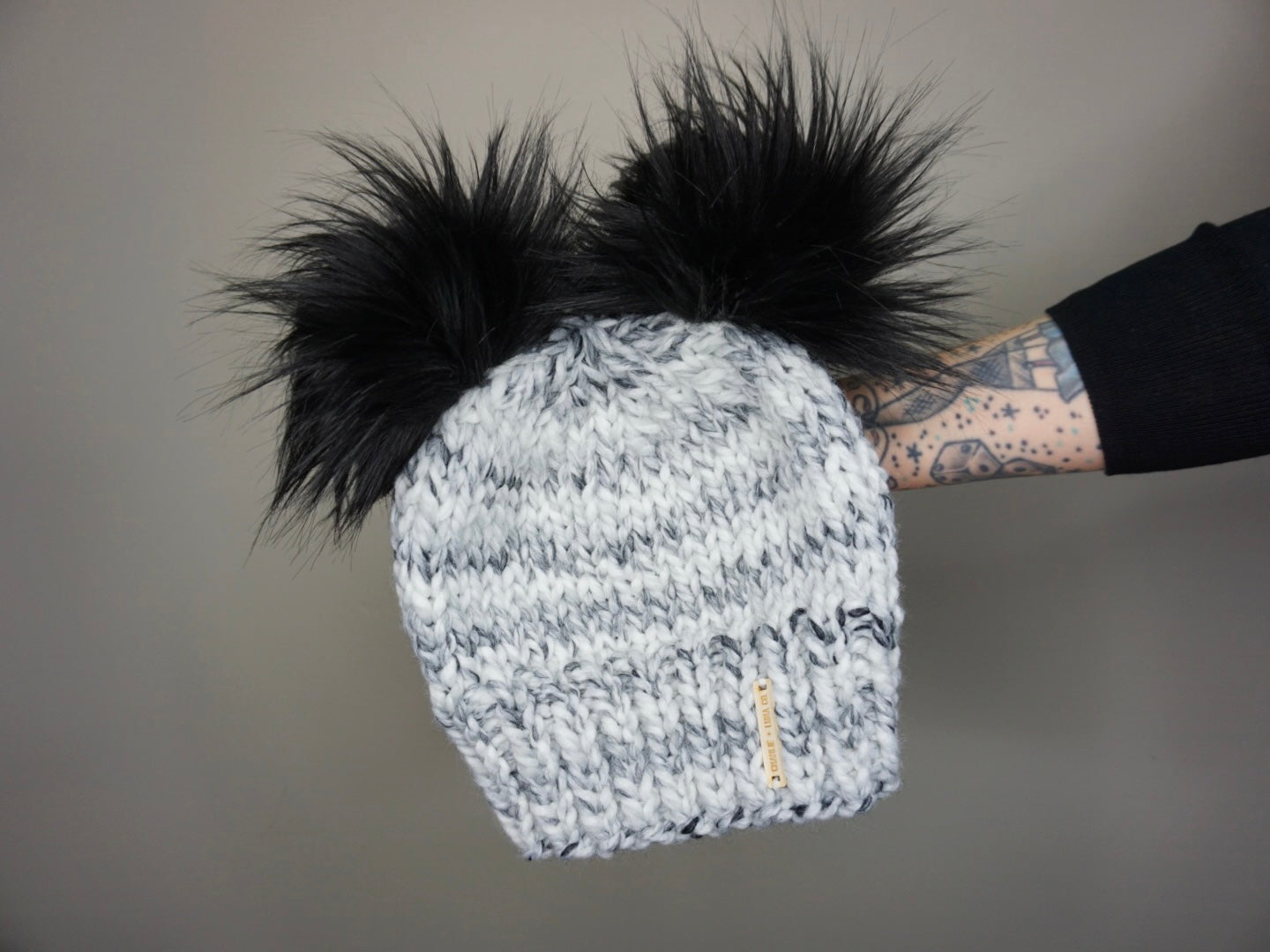 2 Colors of Gray Super Beanie Fur Pompom Hat Two Pom Poms Women Knit Beanie  Warm Cozy Hat for Girl Teenager Hat Wool Knit Hat 