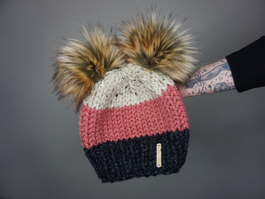 The Aspen Colorblock Double Pom Beanie