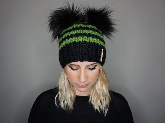 The Halloween Stripe Double Pom Beanie in Green and Black