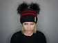 The Halloween Stripe Double Pom Beanie in Red and Black