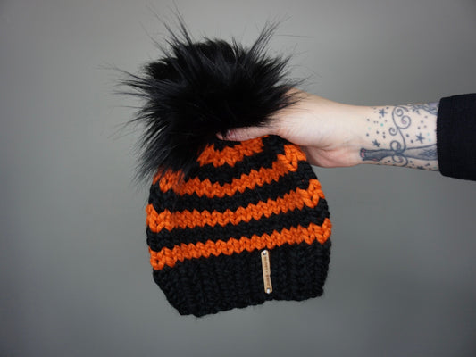 Kids Halloween Stripe Beanie in Orange and Black